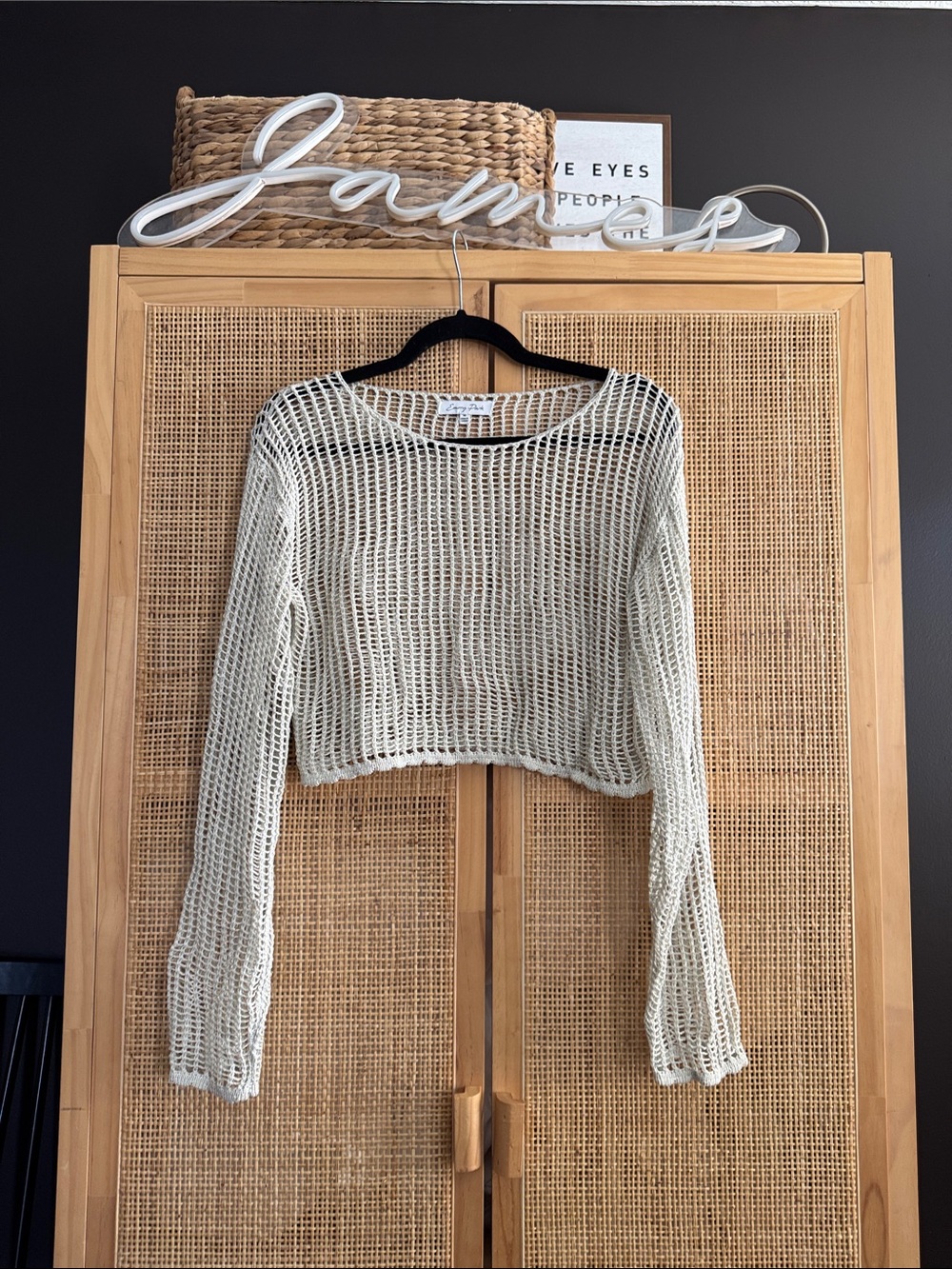 emory park Cream Cropped Open-Knit Long Sleeve Top